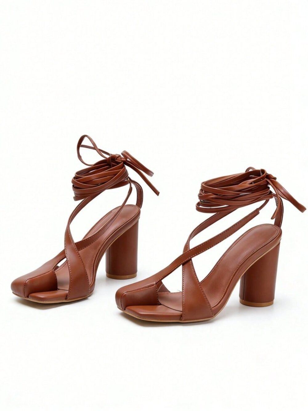Brown Casual Women's Block Heel Open-Toe Sandals with Lace-Up Strap - Picture 3 of 8